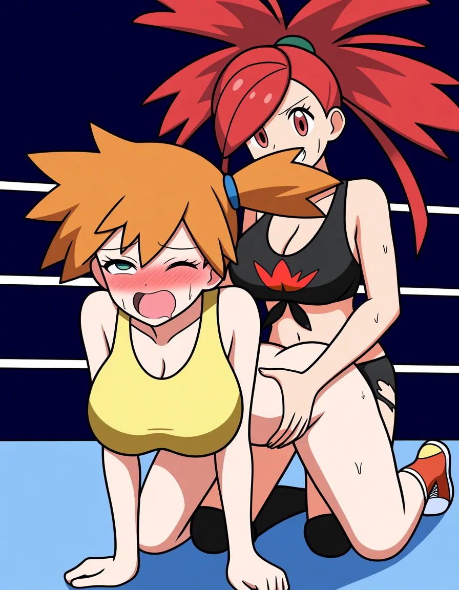 2girls , Best_quality, ultra_detailed , flannery_(pokemon) , misty_(pokemon) , yuri sex ,wrestling_ring wrestling defeated, pussy_juice squirting orgasm , sweat , strap-on vaginal, torn_clothes, torn_shirt,,, wince, doggystyle all_fours, hentai_studio_quality, hentai_studio_quality, hentai_studio_quality, hentai_studio_quality, hentai_studio_quality, hentai_studio_quality, hentai_studio_quality