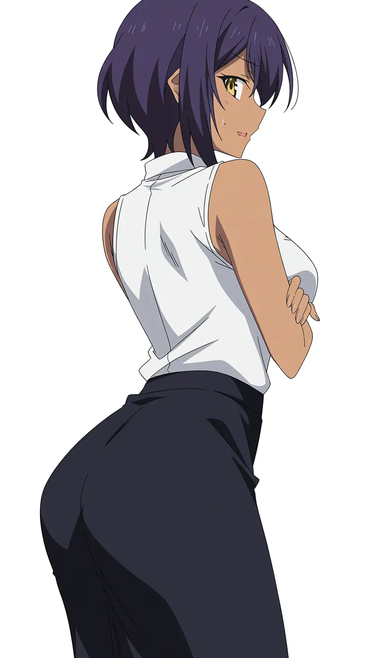 best quality, clean lines, mature female, arching back, dark skin, black skirt, anime screencap