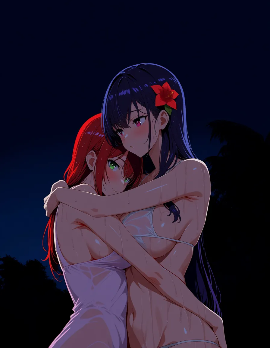 highres, vivid, 2girls, wet skin, futanari, underboob, hair flower, night, visual novel art, hentai_studio_quality