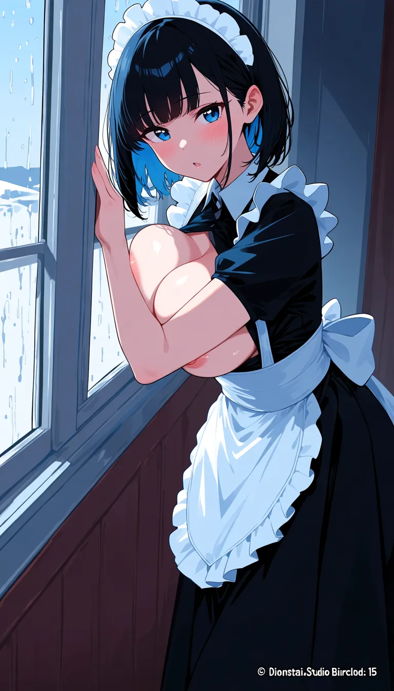professional video, maid_apron, Japanese girl, next to window, nipple_slip