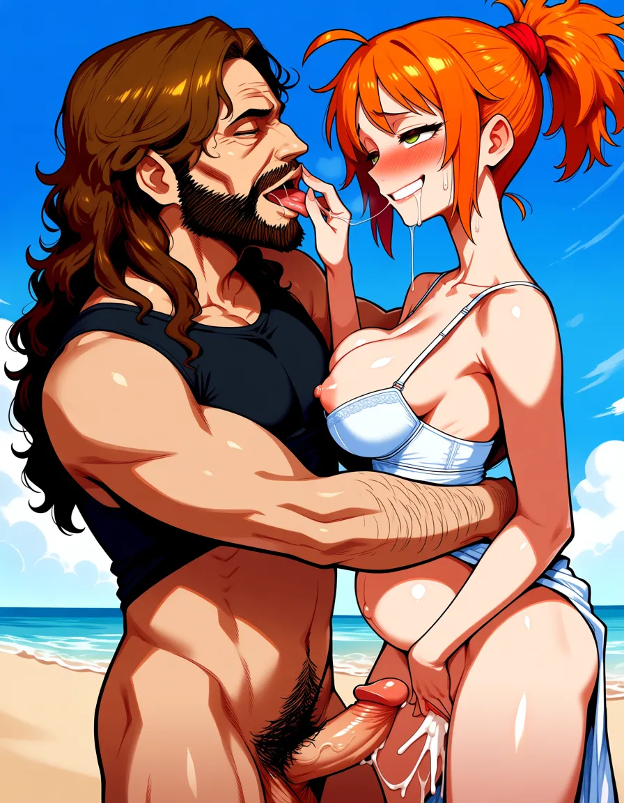 1girl with orange ponytail hair tied in red hair_ribbon wearing white bra, 1guy with brown wavy surfer hair with facial hair wearing black tank top and nude bottom, lustful expressions sex, cum_overflow, cumdrip, french_kiss, breasts_out, cum_on_breasts, breast_sucking, penis, pregnant, messy wedding_dress, drunk Masterpiece, hentai_studio_quality

1girl with orange ponytail hair tied in red hair_ribbon, 1guy with brown wavy surfer hair with facial hair wearing black tank top and nude bottom, lustful expressions 

sex, cum_overflow, cumdrip, french_kiss, breasts_out, cum_on_breasts, breast_sucking, penis, pussy_juice, saliva_trail, spread pussy with fingers, drunk 

Masterpiece, beach, skinny female, hentai_studio_quality