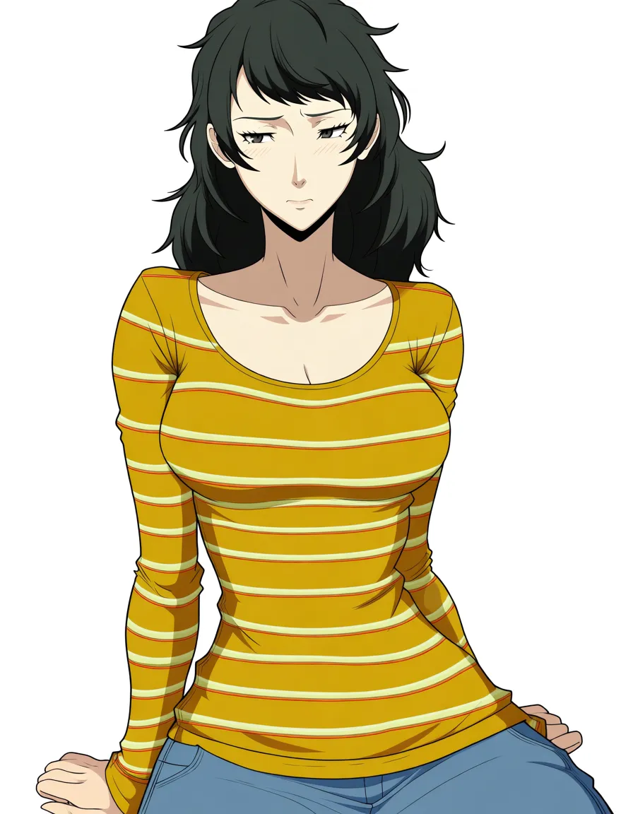 kawakami is sitting next to ren amimiya who is blushing. and kawakami is taking off her shirt (Adult Japanese woman, Sadayo Kawakami, with a slender, average-height build and a mature, elegant appearance. She has long, straight dark brown hair reaching past her shoulders, with slightly uneven side-swept bangs framing her face. Her hair is smooth and naturally layered, with a few loose strands around her cheeks. She has fair Japanese skin, a soft oval-shaped face, narrow dark brown eyes, thin eyebrows, and a small delicate nose. Her expression is generally calm and slightly tired-looking, with a subtle, reserved demeanor. Outfit: She is wearing a fitted, casual mustard-yellow long-sleeve shirt. The shirt has a wide, rounded scoop neckline that exposes a small amount of her collarbone and upper chest. It is made of thin, stretchy fabric and fits closely to her torso, with horizontal lighter-yellow/cream stripes running across the entire shirt. The sleeves are long and fitted around the upper arms but become slightly wider and looser toward the wrists, ending around her hands. The shirt is long enough to extend well past her waist and cover her hips, with the lower portion slightly gathered and wrinkled naturally around her waist and stomach. She is wearing a light blue denim skirt, visible from the hips downward. The skirt has a casual, slightly loose fit rather than being skin-tight, with visible denim seams and subtle fabric folds. Overall visual style: Japanese anime character design, clean linework, detailed facial features, natural proportions, dark brown hair, mature adult woman, professional teacher aesthetic, subdued navy and white color palette, Persona 5-inspired visual design.) the 1boy 1girl (Appearance: A slim Japanese young man with a lean, average-height build and facial features. He has messy, tousled black hair, with uneven layered strands and pointed pieces sticking out naturally around the sides and back. His bangs are irregular and slightly separated across his forehead. He has dark gray eyes, pale skin, a small nose, and a subtle relaxed smile. Casual outfit: He wears a long, open black charcoal-colored jacket/cardigan that extends down to approximately his upper thighs. The jacket has long sleeves, a simple straight silhouette, and no visible hood. It hangs loosely around his body and remains completely open at the front. Underneath the jacket is a white/off-white V-neck shirt. The shirt has a deep V-shaped neckline and subtle thin horizontal gray stripes running across the fabric. The shirt is relatively long, extending below the waist and slightly over the hips. He wears dark blue-gray slim-fitting jeans, fitted through the legs without being excessively tight. The jeans have a simple, understated appearance. On his feet are dark brown ankle boots, with a simple rounded shape and low heel. Exact outfit structure: black/charcoal long open jacket → white/off-white V-neck horizontally striped shirt → dark blue-gray jeans → dark brown ankle boots.), hentai_studio_quality