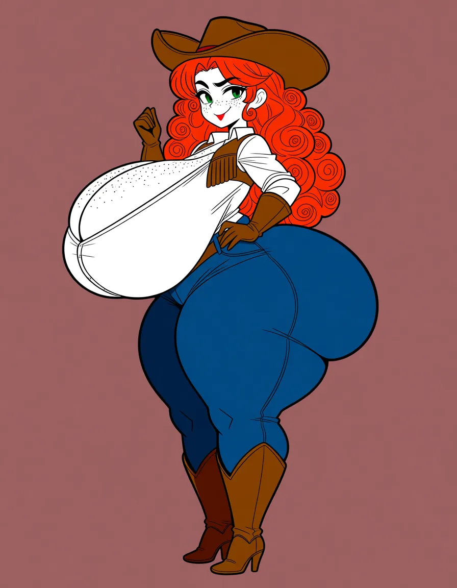 Texan country cowgirl, cowboy hat, red orange longs curly hair, white skin, freckles on face, retarded huge round massive breast, large amount of freckles on breast, giant huge massive bubble butt, long torso, small waist, long sexy legs with thick plump thighs and calf's,, hentai_studio_quality