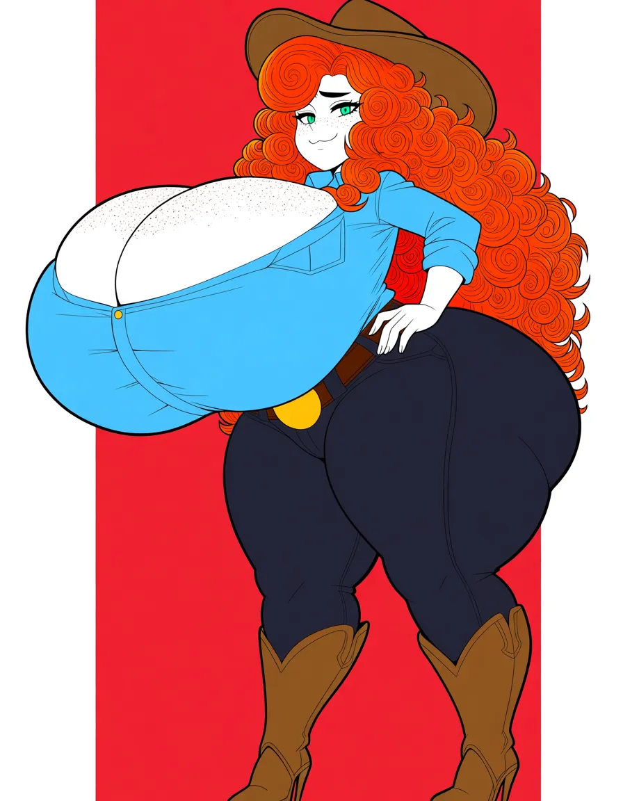 Texan country cowgirl, cowboy hat, red orange longs curly hair, white skin, freckles on face, retarded huge round massive breast, large amount of freckles on breast, nice firm round butt, long torso, small waist, long sexy legs with thick plump thighs and calf's,, hentai_studio_quality