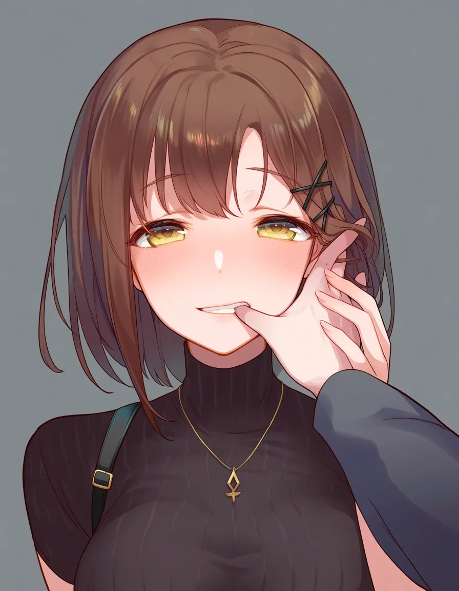 akairiot_artstyle, @iwakura_lain, serial_experiments_lain, 1girl, brown_hair, short_hair, single_sidelock, x_hair_ornament, aged_up, medium_breasts, smile, blush, turtleneck_sweater, black_sweater, hand_on_another's_face, finger_in_another's_mouth, looking_at_viewer, eye_contact, facing_viewer, pov_hands, hentai_studio_quality
