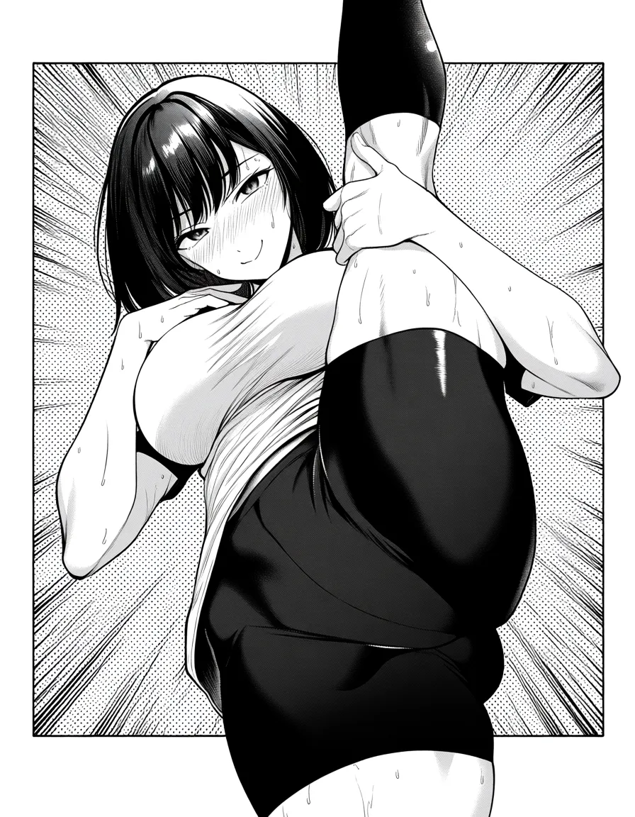 highly detailed, sharp, fitness model, shorts, presenting, seductive look, manga panel look, hentai_studio_quality