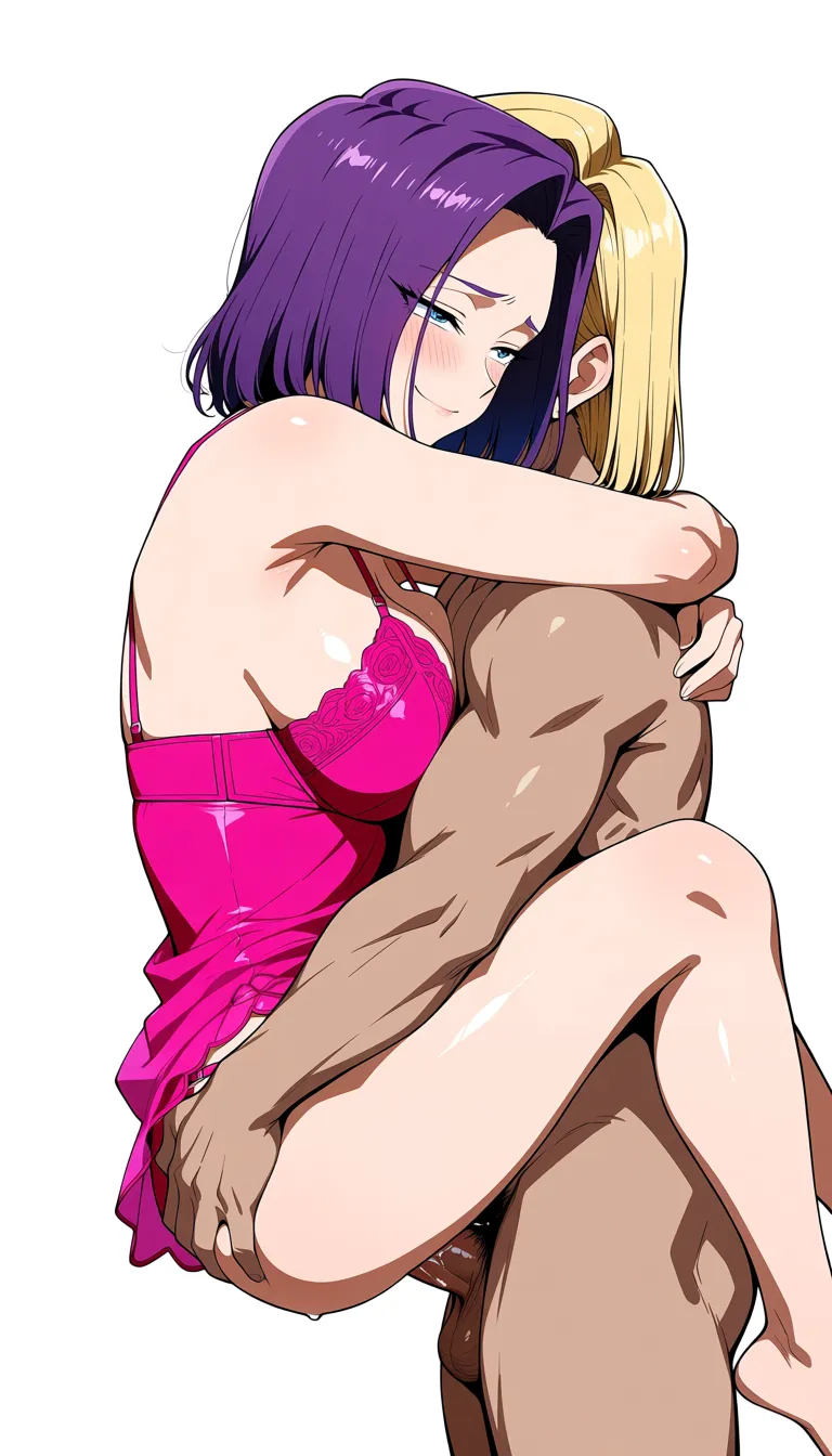 purple_hair android 18, wearing pink lingerie, vaginal penetrated, holding her in his arms.