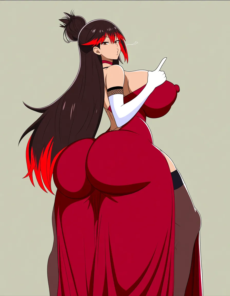 make a tall hot dominant futanar, make her boobs and ass gigantic, her skin slightly brown, change her dress into a red double high side slit long dress, wearing white see through elbow gloves and black fishnet. change her hairstyle into long, straight hair that is partially kept up in a top bun, accompanied by free-flowing bangs highlighted in red with primarily dark brown hair with red accents on the ends of her hair. her ass and boobs should be thick (but nipples should be covered). her pose should be blowing a kiss towards the camera. long penis. Squeezing her big boobs, hentai_studio_quality, (anime style:1.3), 2d, anime screencap, cel shading, flat color