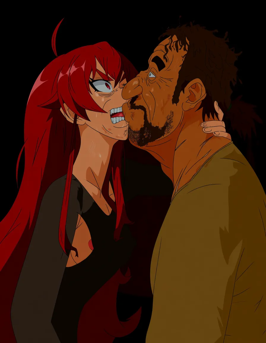 1 boy, 1 girl, eris boreas greyrat, mushoku tensei, nipples, kiss, stained clothes, greasy hair, oily skin, messy unkempt beard, visible dandruff, yellowed shirt, dirty fingernails, wrinkled clothes, unkempt appearance, worn-out clothing, awkward facial proportions, asymmetrical face, uneven small eyes, heavy eyelids, large misshapen nose, crooked mouth, protruding uneven teeth, recessed chin, asymmetrical jaw, sagging cheeks, double chin, thick unkempt eyebrows, greasy messy thinning hair, patchy unshaven beard, acne scars, large visible pores, blemished oily skin, deep dark under-eye circles, yellowed stained shirt, wrinkled worn-out clothes, poor hygiene, sloppy appearance, unflattering facial features,,,, small penis,, (anime style:1.3), 2d, anime screencap, cel shading, flat color, (anime style:1.3), 2d, anime screencap, cel shading, flat color, @00osamio00