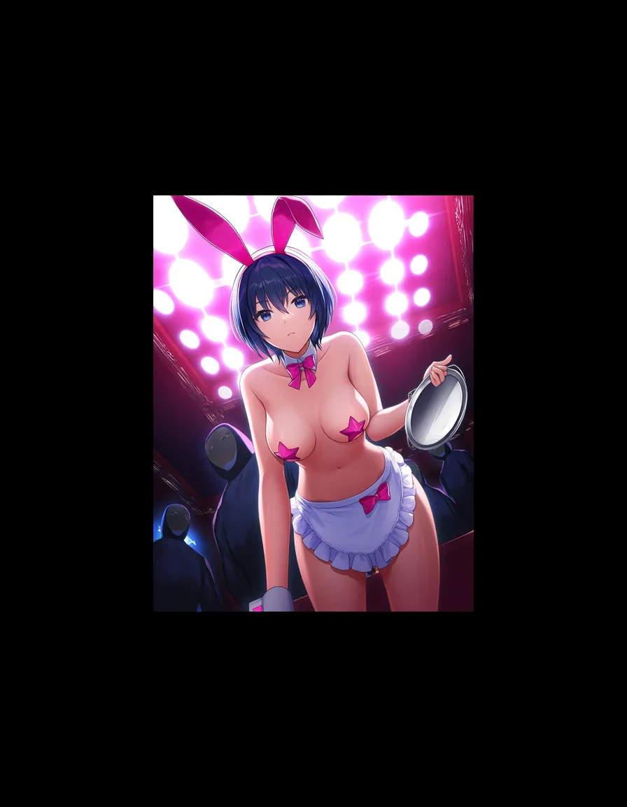 /masterpiece, /best_lighting, /highres, /ultra_detailed, 1girl, solo_focus, petite, medium_breasts, dark blue hair, short_hair, detached_collar, small pink star shaped pasties, pink waist_apron, playboy_bunny ears, midriff functionally nude, bare_shoulders, bottomless, holding_tray, standing, view from slightly below subject, looking forward
BREAK
Night club, indoors, multiple_others,,, hentai_studio_quality