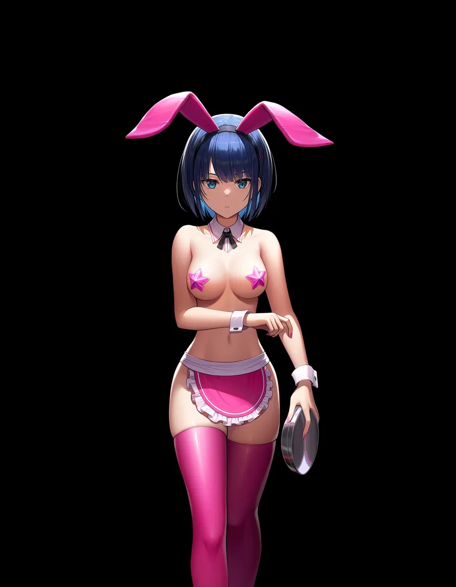Masterpiece, best_lighting, 1girl, solo_focus, petite, medium_breasts, dark blue hair, short_hair, detached_collar, small pink star shaped pasties, pink waist_apron, playboy_bunny ears, midriff functionally nude, bare_shoulders, bottomless, holding_tray, walking
BREAK
Cocktail bar, indoors, multiple_others, hentai_studio_quality