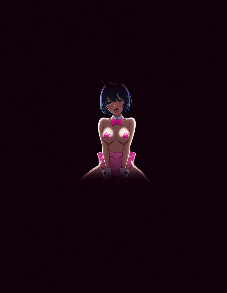 Masterpiece, best_lighting, solo_focus, petite, medium_breasts, dark blue hair, short_hair, detached_collar, small pink star shaped pasties, pink waist_apron, playboy_bunny ears, functionally nude, bare_shoulders, straddling, sex, from_behind
BREAK
Cocktail bar, indoors, multiple_others, hentai_studio_quality