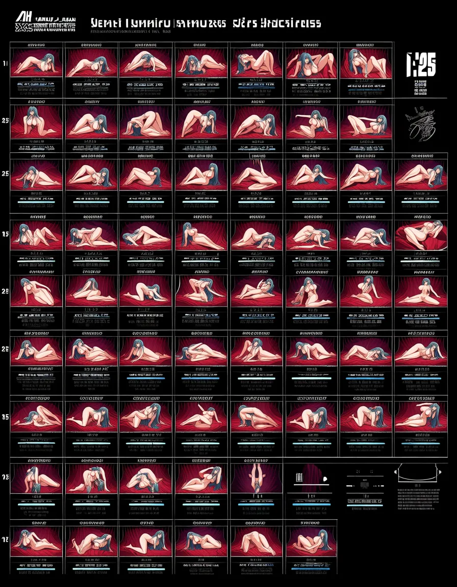 a 5x5 grid image with 25 individual frames, each frame in the grid shows @samus_aran, fully naked, c-cup breasts, tied up in various different positions, black background, hentai_studio_quality