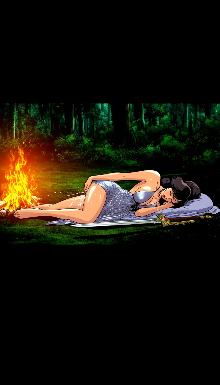 a fantasy warior woman in a silver satin neglige masturbates and squirts. She is lying on her sleeping mat in the forest by a campfire. Her sword is beside her. She is shiny with sweat. The video should be in the art style of 80s fantasy art like Conan the barbarian.