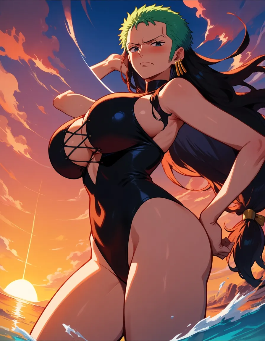 Zoro from one Piece in a one-piece_swimsuit long_hair blush hand_on_own_chest gigantic melons, hentai_studio_quality