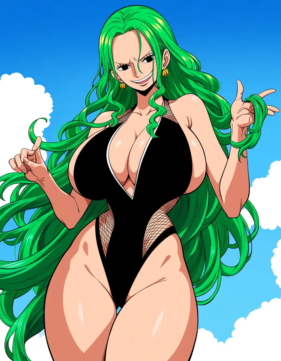 Zoro from one Piece in a one-piece_swimsuit long_hair green_hair multiple Boobs, hentai_studio_quality