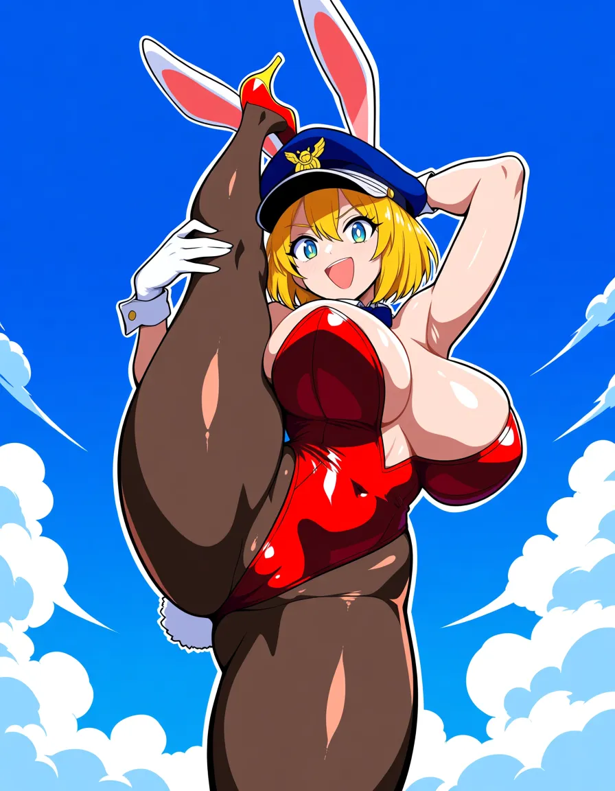 masterpiece, clean art, bunny girl, breasts, hat, leg up, cloud, anime style, hentai_studio_quality