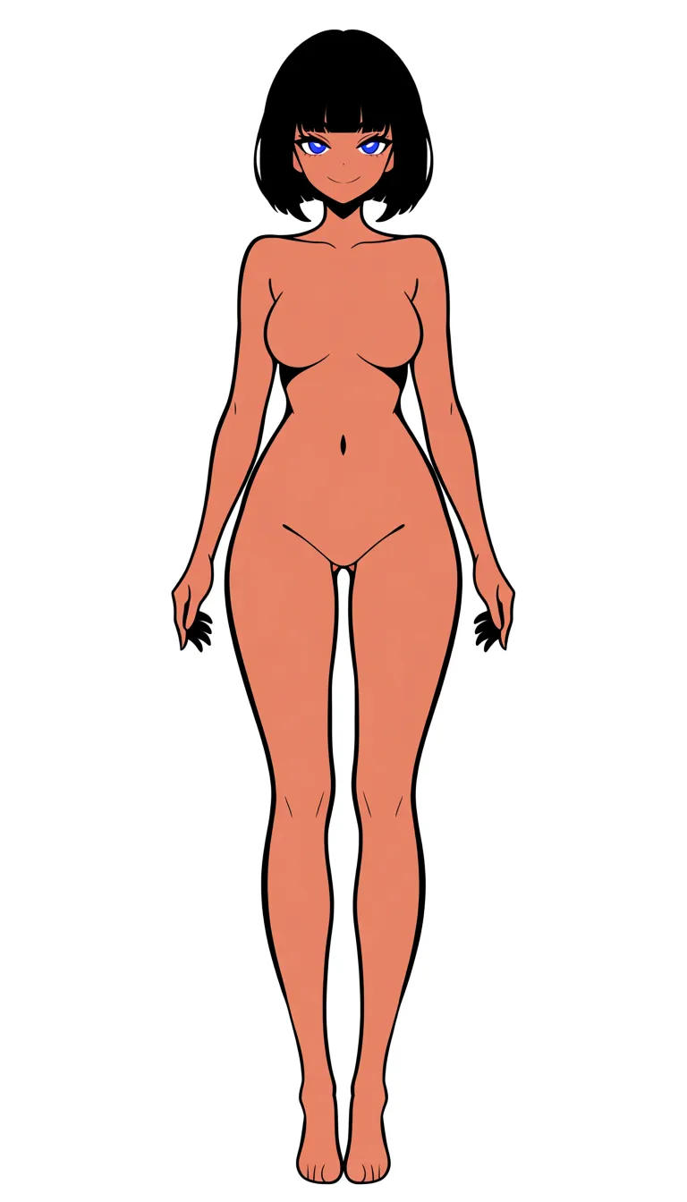 Art by Spidu, fully nude, front view, from front, standing, black bobcut hair, Full body, Symmetric, V-tuber ready, 1girl, solo, bold linework, white_background,, hentai_studio_quality