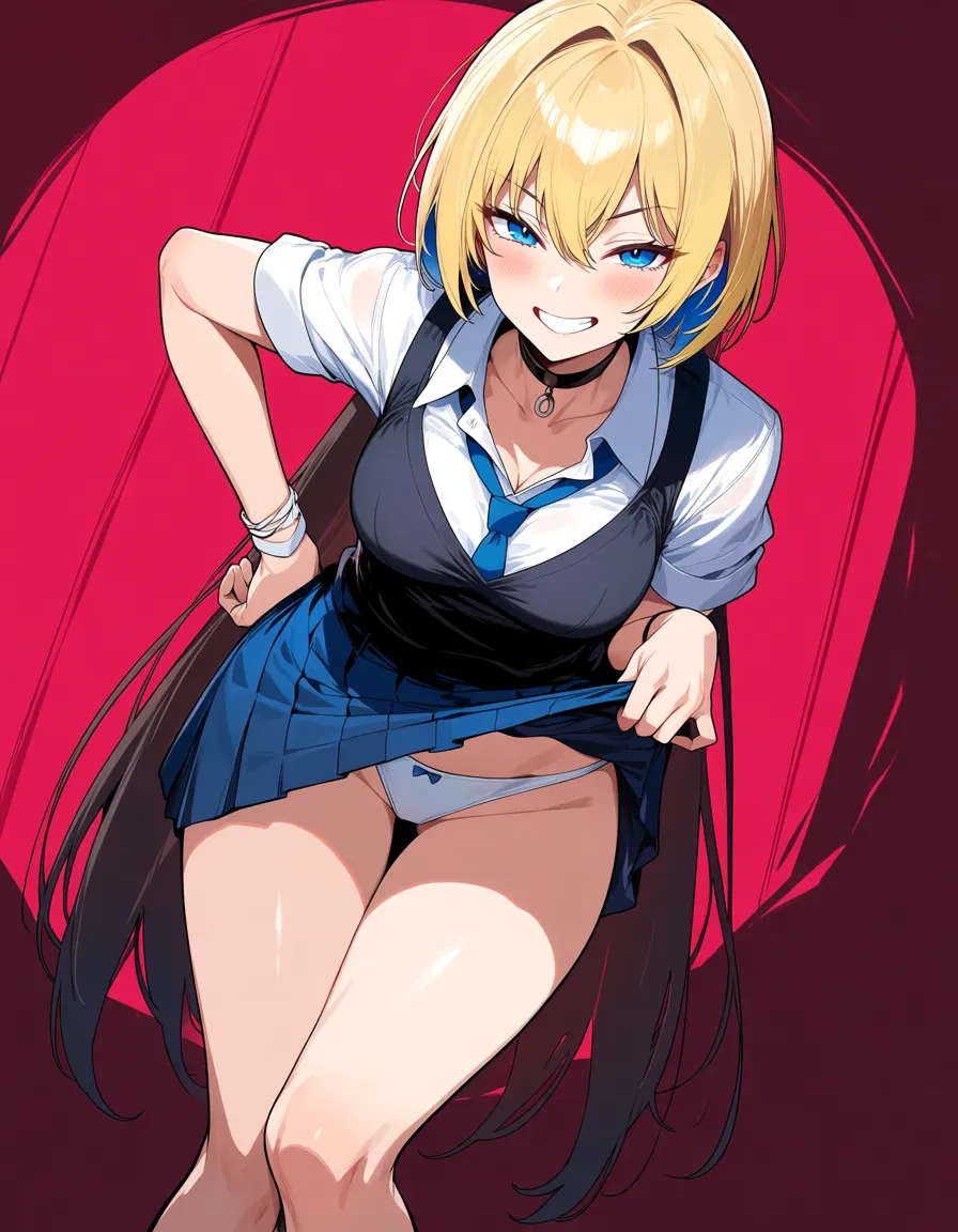 blonde_hair blue_eyes skirt_lift small_breasts smile, hentai_studio_quality