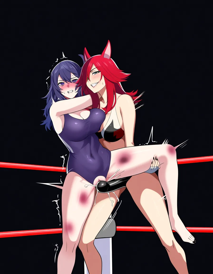 @hex_maniac_(pokemon) , @byleth_(fire_emblem) , 2girls yuri sex , wrestling_ring, wrestling orgasm pussy_juice, defeated, squirting , bruised, strap-on blowjob, hentai_studio_quality
