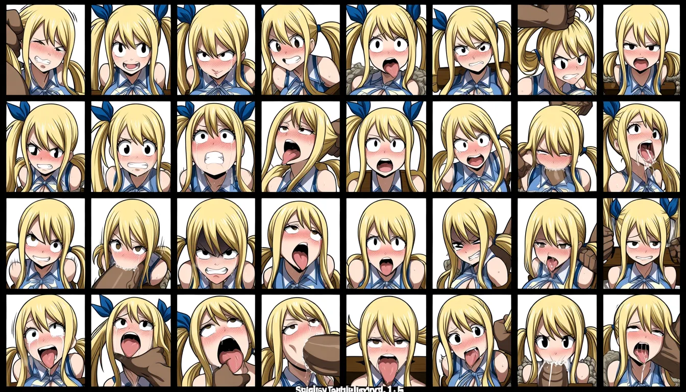 Studio quality, masterpiece, soft cel shading,  face focused, lucy heartfilia, fairy tail, multiple angles, multiple sex scenes, medieval stocks, grabbing another's hair, twin_braids, deepthroat, gagging, head bobbing, deepthroat throat bulge, tongue movement, large_breasts, restrained, expressive eyes, crying_with_eyes_open, angry, torn_clothes, grabbing_another's_breast, lactation, cum_in_mouth,
