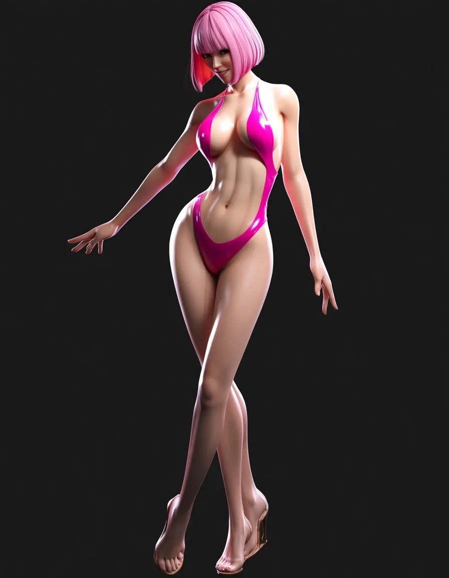 sexy, pink hair, bob cut, medium breast, shiny pink one piece swimsuit, , smile., score_9, score_8, 3d render, octane render, subsurface scattering, ray tracing, smooth shading