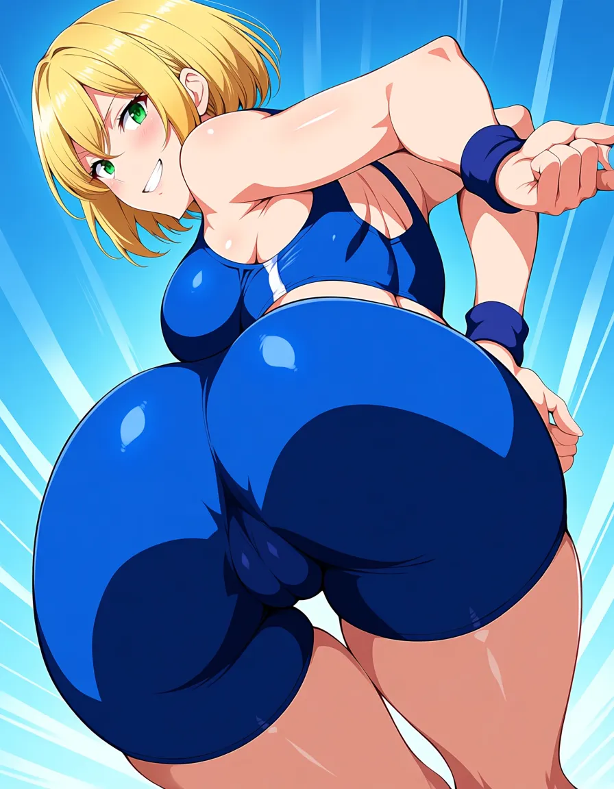 sexy blonde, short hair, green eyes, medium breast, shiny blue spandex top, shiny blue spandex shorts, bent over, ass out, smile, hentai_studio_quality