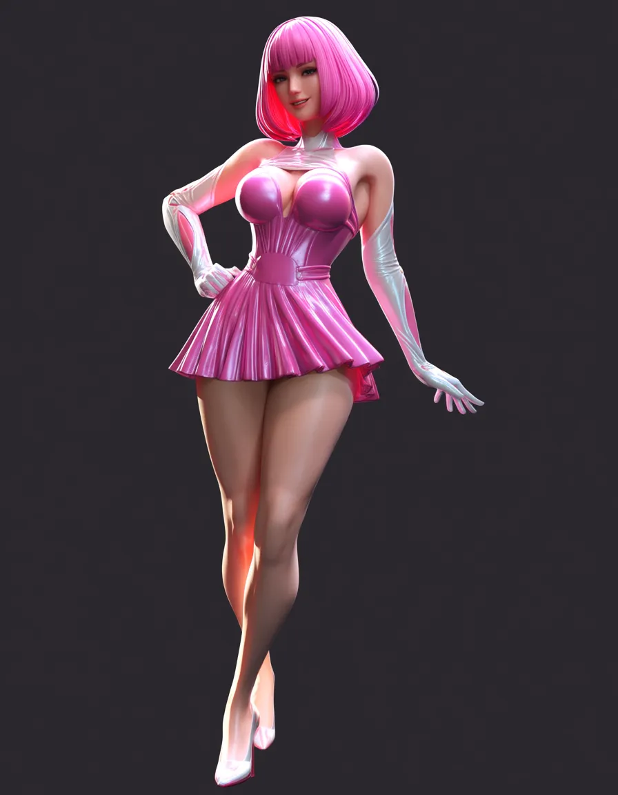 sexy, pink hair, bob cut, medium breast, smile, pink_hair, pink metillic dress, score_9, score_8, 3d render, octane render, subsurface scattering, ray tracing, smooth shading