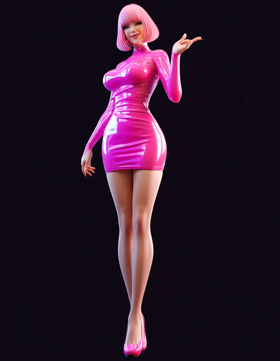 sexy, pink hair, bob cut, medium breast, smile, pink latex dress, score_9, score_8, 3d render, octane render, subsurface scattering, ray tracing, smooth shading