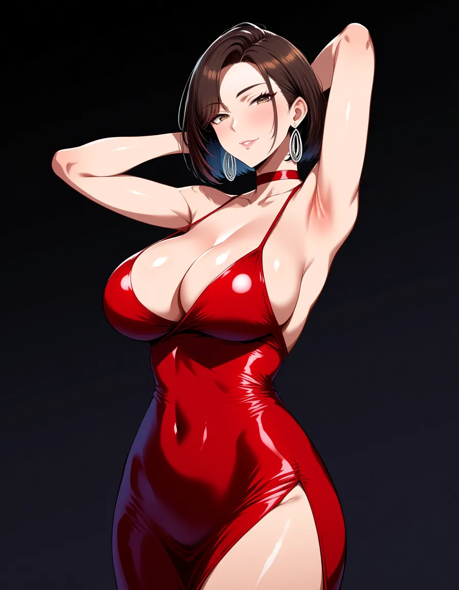 sexy, brunette, short hair, shiny red dress, hentai_studio_quality
