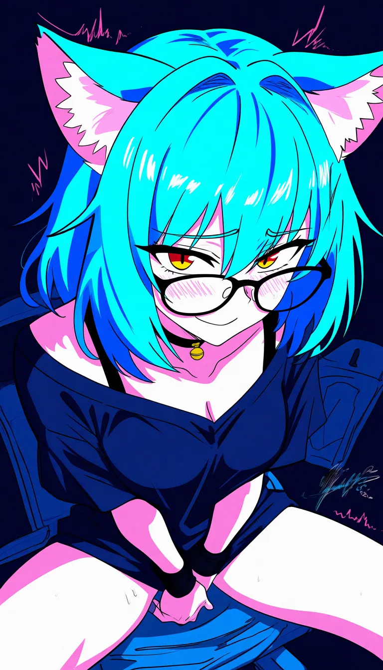 dslr, film grain, photorealistic, catgirl, masturbation, glasses, simple background, cinematic realism, blue_hair