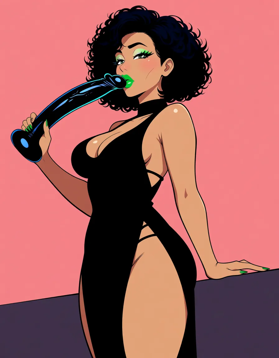 Cute light brown skin Latina with short curly black hair, thick_thighs, small_breasts, black Body con dress, and green lipstick, sucking dildo on floor,, hentai_studio_quality, hentai_studio_quality