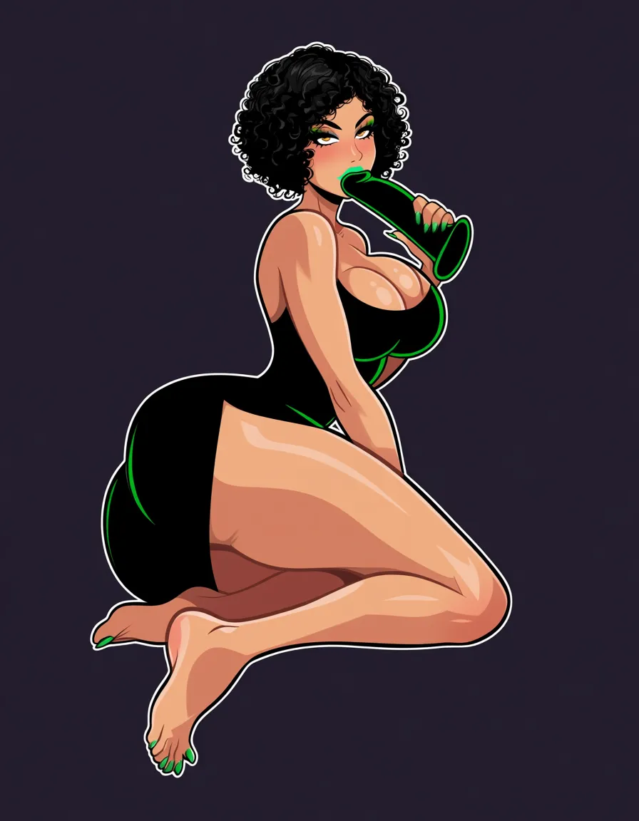 Cute light brown skin Latina with short curly black hair, thick_thighs, medium_breasts, black Body con dress, and green lipstick, sucking dildo on floor, diives_art_style,, hentai_studio_quality