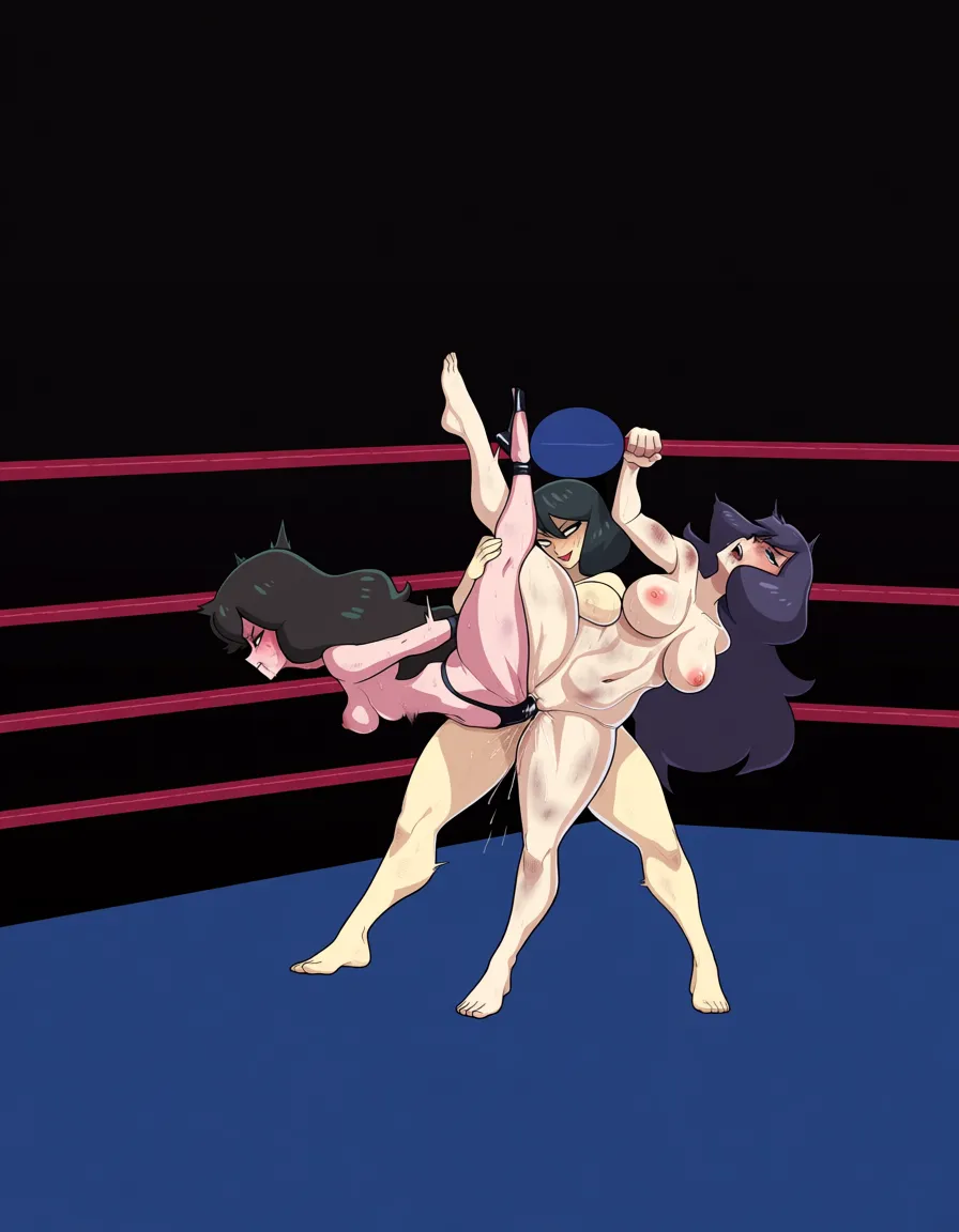 Shego-black_hair , @hex_maniac_(pokemon) 2girls yuri sex , wrestling_ring, wrestling orgasm pussy_juice, defeated, squirting , bruised, sweat nude strap-on vaginal standing_sex, leg_up, hentai_studio_quality