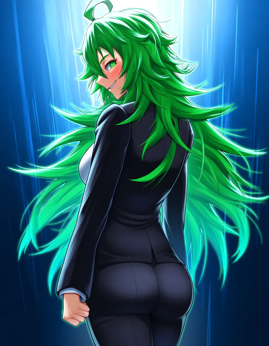 /masterpiece, /ultra_detailed, #akairiot_artstyle, @hagakure_toru, boku_no_hero_academia, 1girl, solo, standing, green_hair, messy_hair, ahoge, green_eyes, ass, smile, blush, looking_back, from_behind, hentai_studio_quality