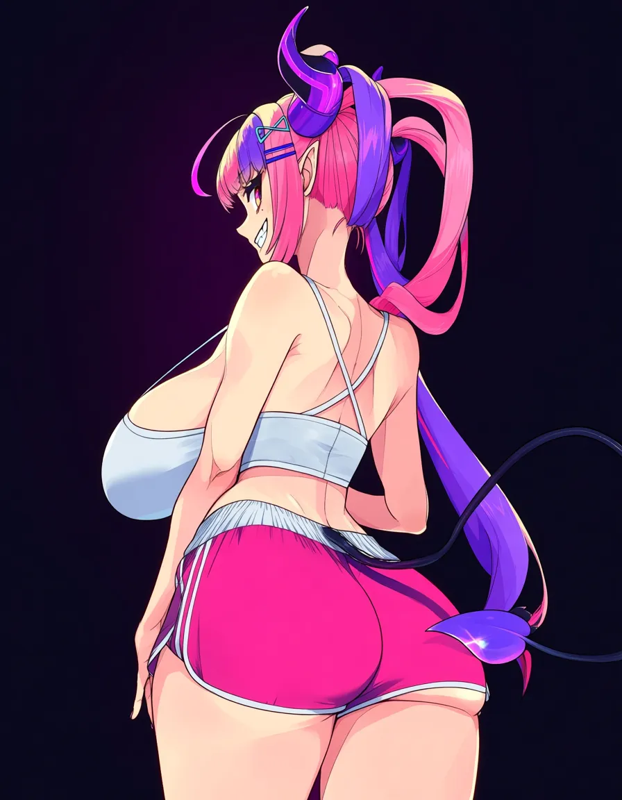 /masterpiece, /ultra_detailed, #akairiot_artstyle, @ironmouse, vshojo, 1girl, solo, virtual_youtuber, multicolored_hair, pink_hair, purple_hair, twintails, horns, demon_tail, large_breasts, grin, dolphin_shorts, pink_shorts, ass, standing, looking_back, from_behind, hentai_studio_quality