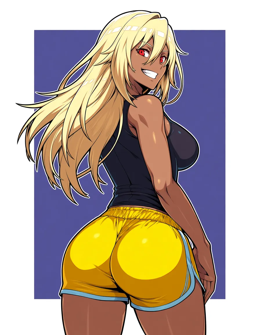 /masterpiece, /ultra_detailed, #akairiot_artstyle, @kitten_(gravity_daze), gravity_daze, 1girl, solo, long_hair, blonde_hair, dark-skinned_female, red_eyes, medium_breasts, grin, dolphin_shorts, yellow_shorts, ass, standing, looking_back, from_behind, hentai_studio_quality