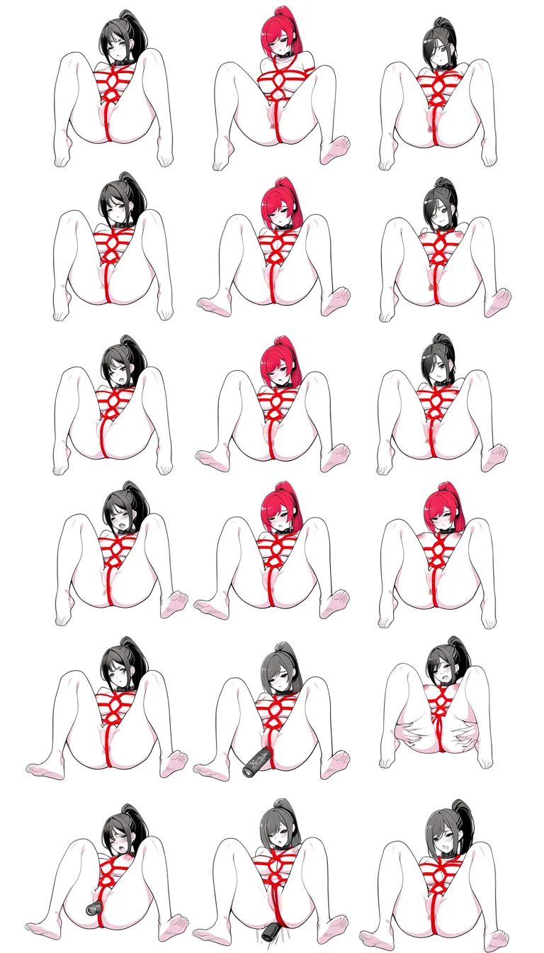 harris_hero, masterpiece, ultra detailed, [realistic], naked, (wide_hips, thick_thighs:1.2), full_body, redhead, ponytail, (huge_breasts:1.3), (voluptuous), eyes_visible_through_hair, naked, (intricate super dense shibari:1.2), (bondage:1.2), bound, slave_collar, sitting, (stomach_bulge:1.2), anal_object_insertion, arms_behind_back, spread_legs, (vibrated, squirming and moaning:1.2), empty_eyes, simple_background, white_background,