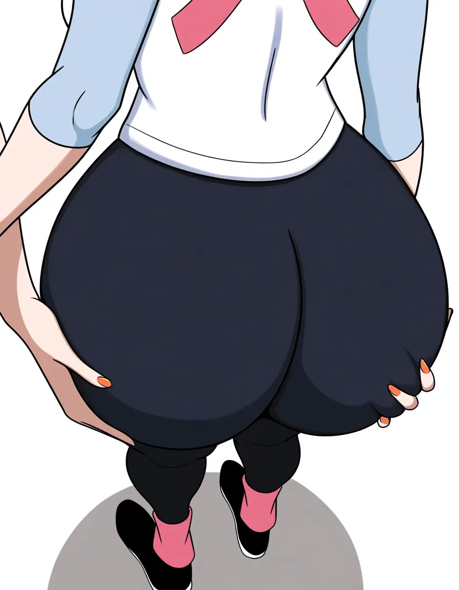 rosa_(pokemon) In a white light blue sleeved shirt with a pink pokeball logo on her chest, tight dark ankle high leggings, and black flats. french_kiss another girl while that girl grabs Rosa's massive ass through her leggings grabbing_another's_ass, hentai_studio_quality