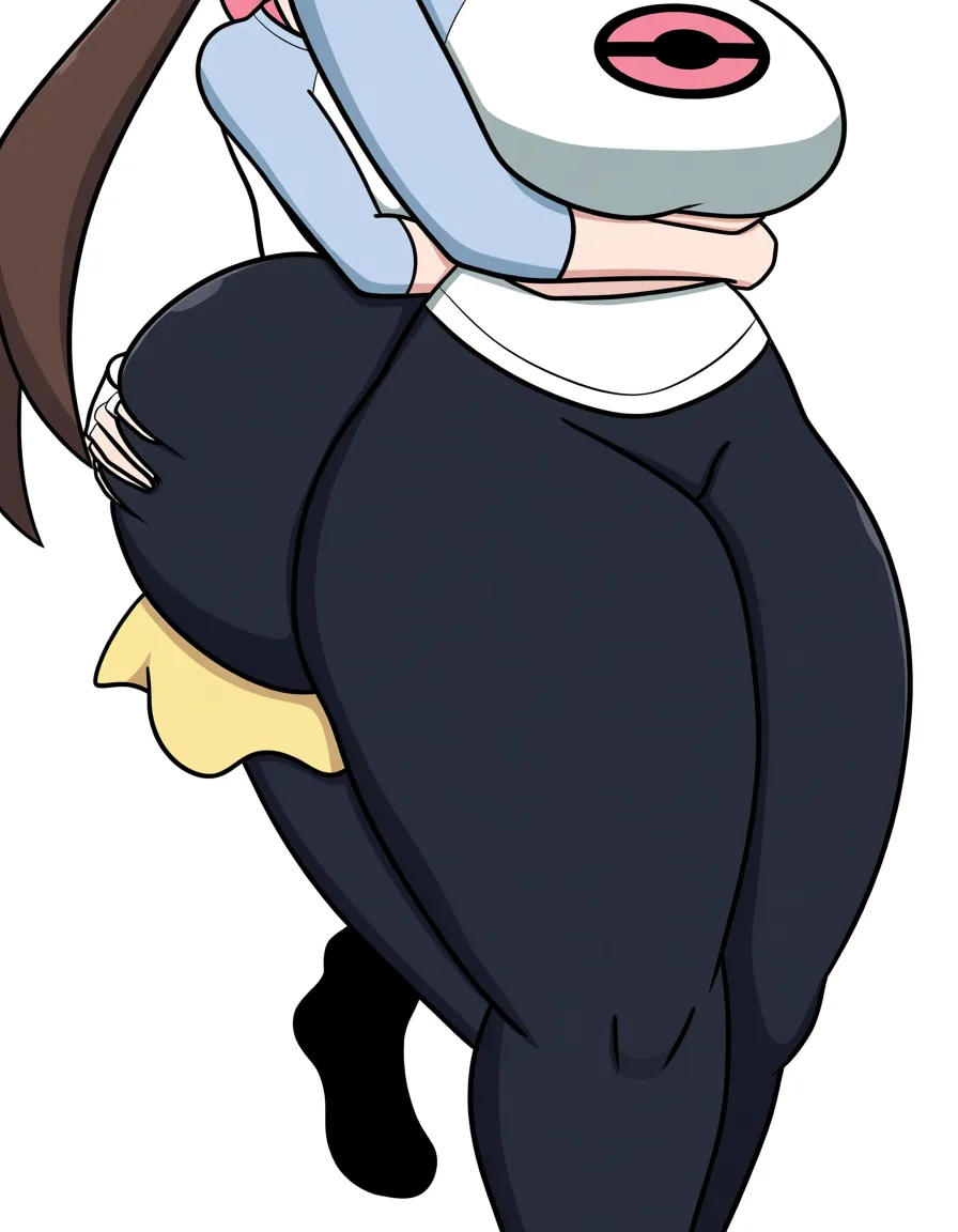 rosa_(pokemon) In a white light blue sleeved shirt with a pink pokeball logo on her chest, tight dark ankle high leggings, and black flats. While kissing another girl french_kiss hugging them tightly. As the other girl grabs Rosa's massive ass through her leggings grabbing_another's_ass,, hentai_studio_quality, hentai_studio_quality