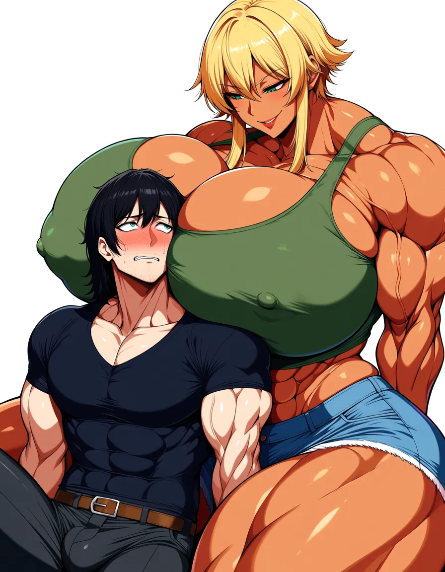 Giant muscular_female, petite man stubble, adults, big size_difference, huge height_difference, female blonde_hair short_hair_with_long_locks , female sitting on_couch, sitting_on_lap female, male legs_up, shirt, female crop_top denim_shorts, assertive_female , dominant female looking_at_another, male sitting_on_lap, intimate, teasing, nervous blush male looking_up , female leaning_back , male sitting_on_lap, male black medium_hair, femdom, female abs, female big biceps, female big shoulders, female thick_thighs, female huge_ass, female wide_hips, huge_breasts, gigantic tall female, bulging nipples, male sitting_on_lap , femdom, male legs_up, male bulge, male narrow_waist, lightweight male, domination, eye_contact, aged_up, female veins, hentai_studio_quality