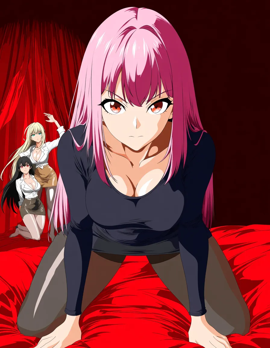 highly detailed, sharp, 3girls, collarbone, pantyhose, kneeling on bed, detailed shading, (anime style:1.3), 2d, anime screencap, cel shading, flat color, @00osamio00