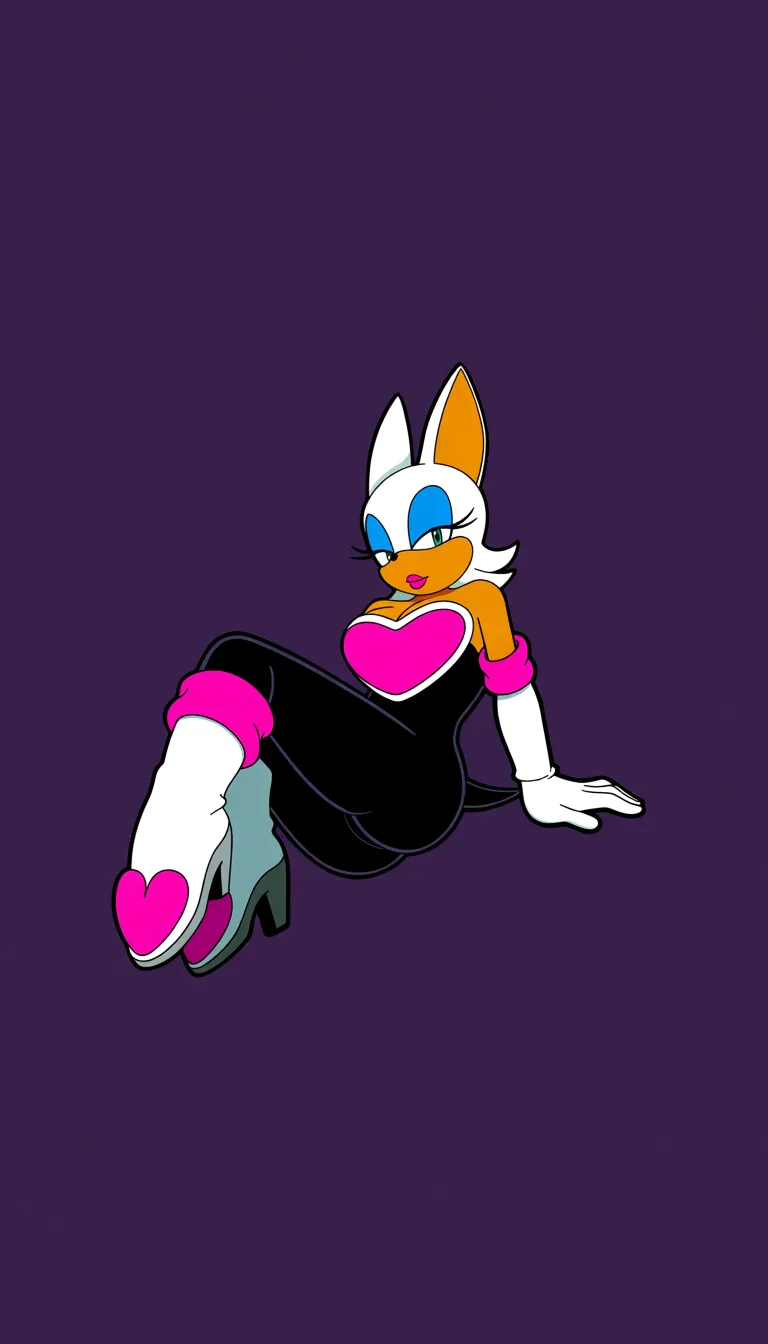 Original style Rouge the bat from Sonic Adventure, A sleek, skin-tight black strapless costume featuring a large pink heart emblem on the chest, matching white gloves with pink cuffs, and white boots with pink heart-shaped cuffs, legs up on, Hills , lying on ground, no butt crack, medium ass, naked ass, no pants, naked thighs,  pussy lips, medium breasts, looking on viewer, sultry, [[2D hand-drawn cartoon screencap from a 2000s television show, entirely flat matte colors, zero 3D shading, thick black ink outlines, sharp cel-shaded shadows, coloring-book style, simple solid purple background, drawn with vectors, absolute zero realism.]], hentai_studio_quality, hentai_studio_quality, hentai_studio_quality, hentai_studio_quality, hentai_studio_quality, hentai_studio_quality, hentai_studio_quality, hentai_studio_quality