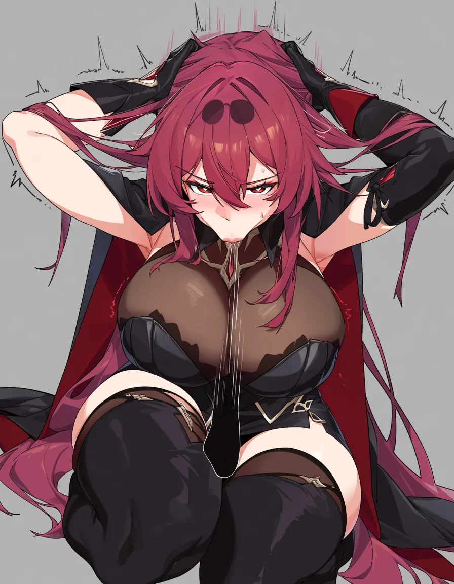 @hu_tao_(genshin_impact)#black_gloves #black_thighhighs #feet #skirt #fellatio Doing a blowjob, viewer pulling her hair, hentai_studio_quality
