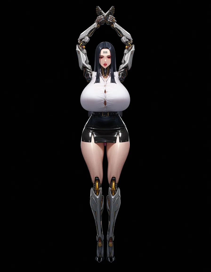 mechanical arms and legs robotic nude woman (white shirt, black leather miniskirt, long black fringe hair, makeup, red_eyes, big lips, connected_collar, barcode tattoo on her forehead, gigantic huge breasts, thick thighs, standing up straight, hidden dildos in her ass, expressionless, looking_afar, drooling), fucking from behind, first person view, viewer holding her forearms. BREAK : in a office room, realistic., hentai_studio_quality