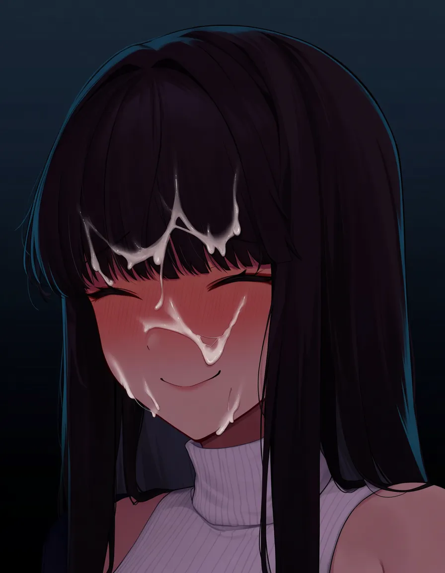 #nyantcha_artstyle, @monika_(doki_doki_literature_club), 1girl, solo, hair_down, full-face_blush, embarrassed, smile, white_turtleneck_sweater, cum, facial, facing_viewer, upper_body, hentai_studio_quality