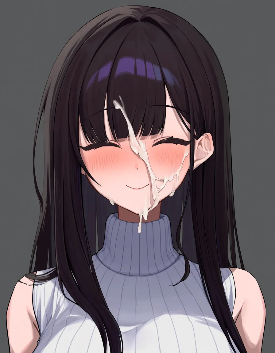#sorapoi_artstyle, @monika_(doki_doki_literature_club), 1girl, solo, hair_down, embarrassed, smile, white_turtleneck_sweater, cum, facial, facing_viewer, upper_body, hentai_studio_quality