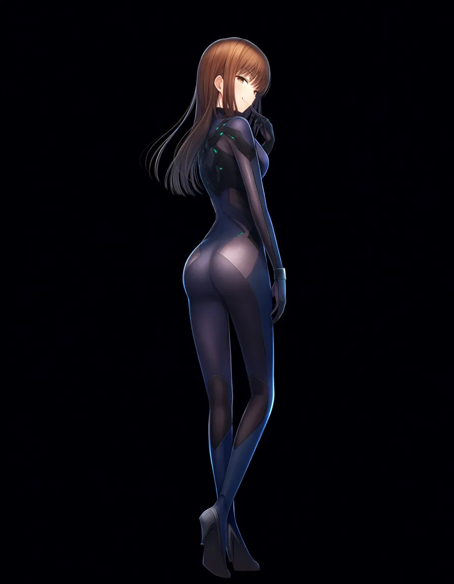 #akairiot_artstyle, @utsushimi_camie, 1girl, solo, long_hair, brown_hair, brown_eyes, black_bodysuit, naughty_face, ass, standing, full_body, looking_back, from_behind, hentai_studio_quality