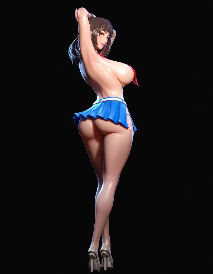masterpiece, clean art, solo mature_female mommy shortstack seductive_smile sweat sweatdrop flying_sweatdrops shiny_skin from_side shaking ass microskirt topless sweaty armpits, score_9, score_8, 3d render, octane render, subsurface scattering, ray tracing, smooth shading