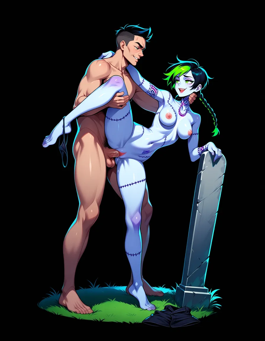 1 man haveing sex with a unnatural white patchwork women in a graveyard, she is standing on one leg an the other leg is held up to alow hit deep access in her wet pussy, they are naked, she has black with neon green highlights hair cut short into a pixie cut with 2 long braids, she has green eyes, an a perfect face, a tattoos adorns her neck, chest, stomach,pelvis,arms legs an back, light an dark patches show she was stitched together, her skin is flawless, she has Ddd boobs, wide chilled bearing hips an a bubble but, her black underwear are thrown over the nearby tombstones, hentai_studio_quality